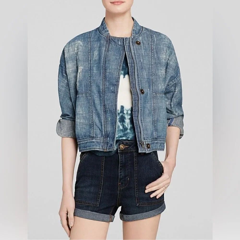Free people bomber jacket Tattered Tennis Distressed jean jacket size Medium